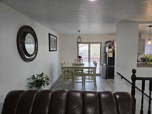 Dining area featuring a textured ceiling and light hardwood / wood-style flooring