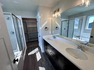 Master Bathroom with vanity, independent shower and bath, and hardwood / wood-style flooring & Walk in Closet