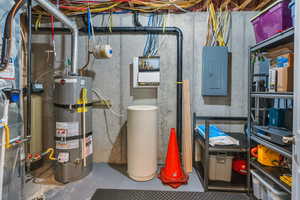 Utility room featuring electric panel and water heater