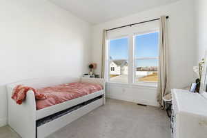 Bedroom with light colored carpet