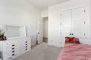 Carpeted bedroom with a closet