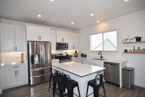 Kitchen featuring white cabinets, stainless steel appliances, a kitchen island, and sink