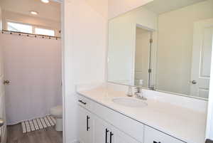 2nd upstairs Bathroom featuring LVP floors, vanity, toilet, and a shower with curtain