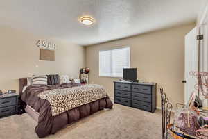 Bedroom with a textured ceiling and light carpet