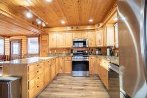 Kitchen with wooden ceiling, appliances with stainless steel finishes, log walls, light stone counters, and kitchen peninsula