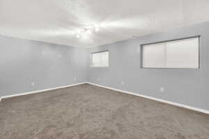 Unfurnished room featuring carpet and a textured ceiling