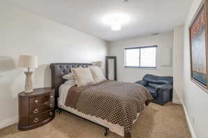 Bedroom with light carpet