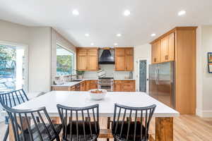 Kitchen with sink, stainless steel appliances, backsplash, custom exhaust hood, and light wood-type flooring