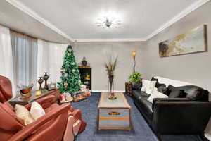 Living room with ornamental molding and a textured ceiling