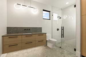 Bathroom with vanity, toilet, and walk in shower