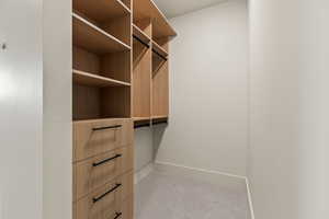 Spacious closet with light carpet