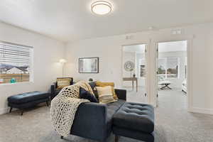 Living room featuring light colored carpet and a textured ceiling