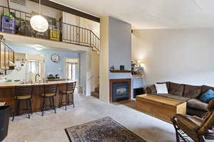 Carpeted living room featuring sink