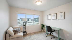 Carpeted bedroom office with a textured ceiling