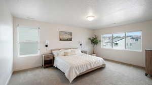 Bedroom with carpet flooring and a textured ceiling