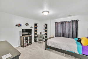 Carpeted bedroom featuring a textured ceiling