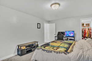 Bedroom with a walk in closet, carpet floors, and a closet