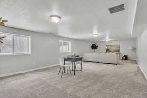 Living room featuring plenty of natural light, light colored carpet, and a textured ceiling