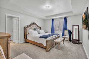 Carpeted bedroom with a textured ceiling and a raised ceiling