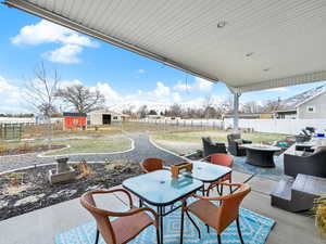 Covered patio with view of the mountians.