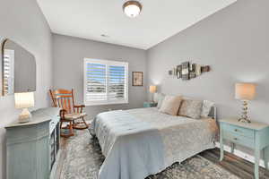 Bedroom with plantation shutters and large closet with built in organization