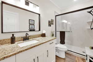 In-law Suite bathroom has large shower, vainity with granite countertop.