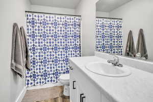 Bathroom featuring hardwood / wood-style floors, vanity, and toilet