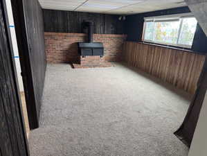 Basement featuring carpet flooring, a wood stove, and wooden walls