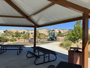 View of patio featuring a gazebo and a mountain view