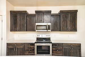 Kitchen featuring appliances with stainless steel finishes and dark brown cabinets