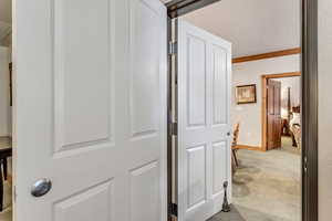 Corridor featuring light colored carpet and ornamental molding