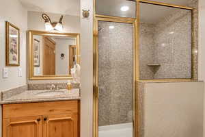 Bathroom featuring vanity and a shower with shower door