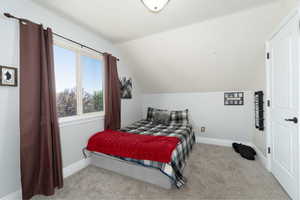 Carpeted bedroom with vaulted ceiling