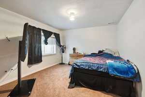 Carpeted bedroom with a textured ceiling