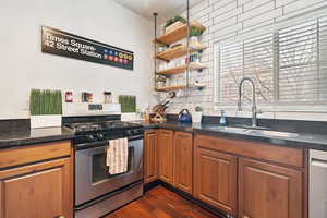 Kitchen featuring dark hardwood / wood-style flooring, sink, and stainless steel appliances