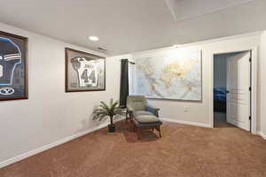 Living area with carpet flooring