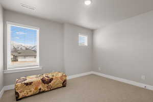 Interior space with carpet, visible vents, a textured ceiling, and baseboards