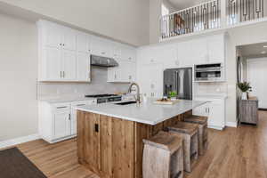 Kitchen with a kitchen island with sink, stainless steel appliances, a sink, white cabinetry, and light countertops