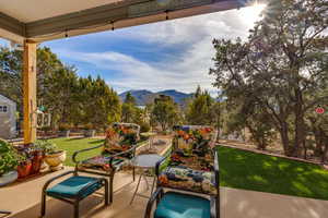 View of patio featuring a mountain view