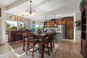 Dining area featuring a wealth of natural light, light hardwood / wood-style flooring, and a notable chandelier