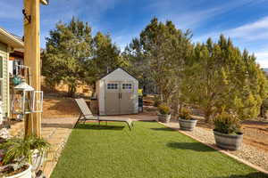 View of yard with a storage shed