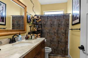 Bathroom with a shower with curtain, vanity, and toilet