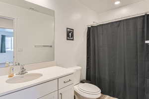 Bathroom featuring a shower with curtain, vanity, toilet, and wood-type flooring