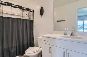 Bathroom featuring vanity, a shower with shower curtain, and toilet