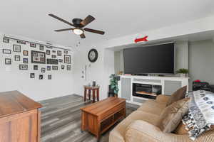 Living room featuring hardwood / wood-style floors and ceiling fan