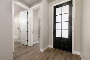 Foyer entrance with hardwood / wood-style floors