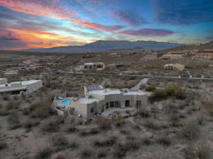 Aerial view at dusk with a mountain view