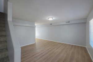 Basement with light hardwood / wood-style floors