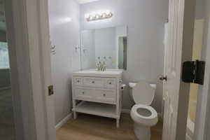 Bathroom with vanity, wood-type flooring, and toilet