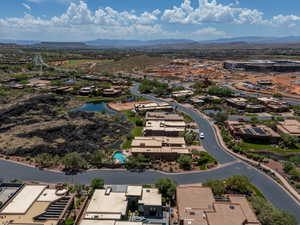 Bird's eye view with a water and mountain view